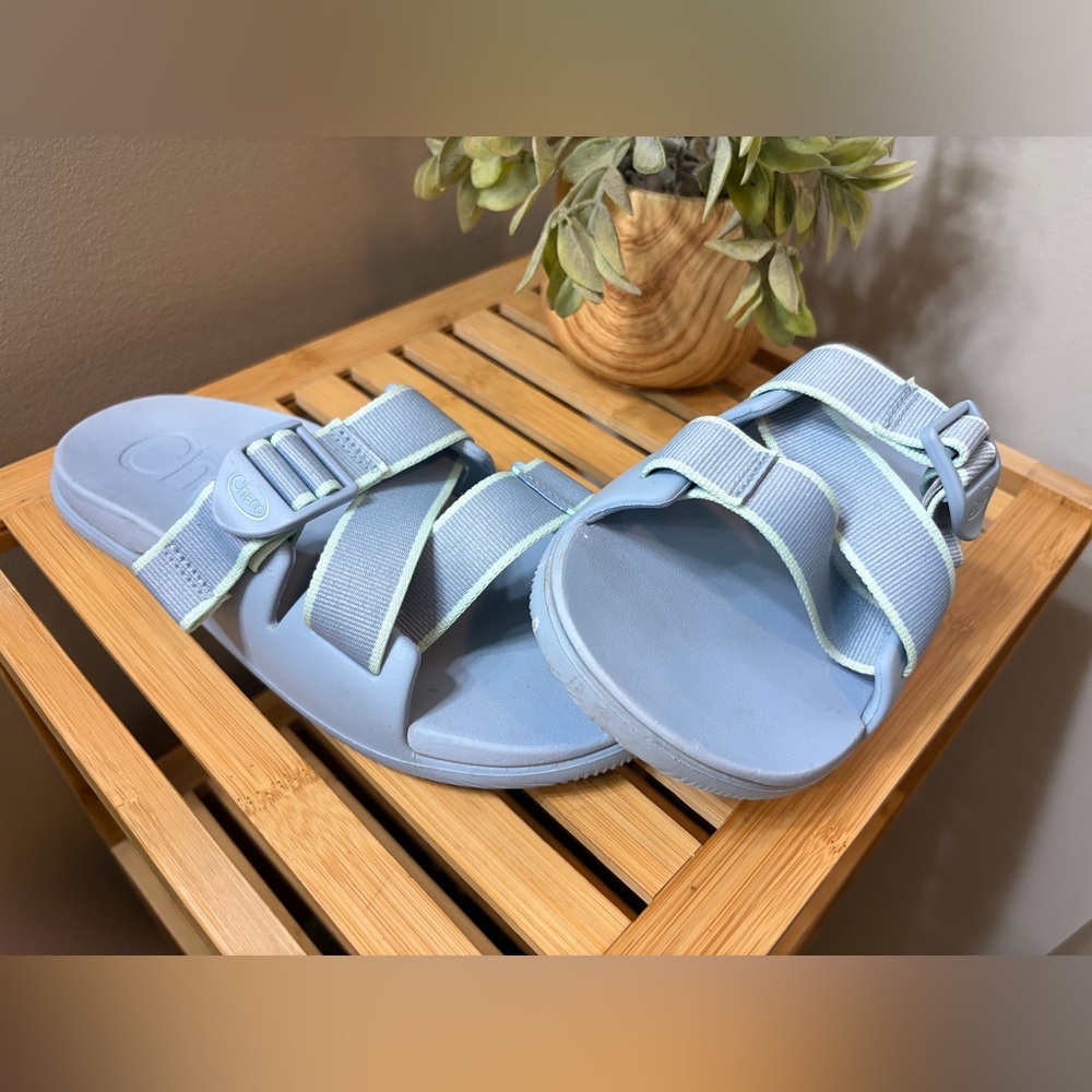 Chaco Women's Slide Sandals in Pale Blue with Mint Trim